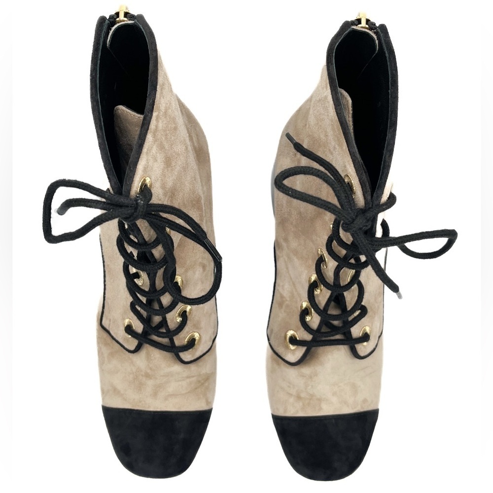 Chanel Interlocking CC Logo Suede CC Lace Up Short Heeled Cap Toe Boots